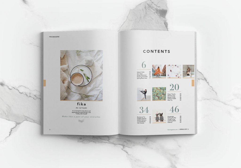 Editorial layout of health & wellness magazine, fika by Ashleigh Martin - Toronto Graphic Designer